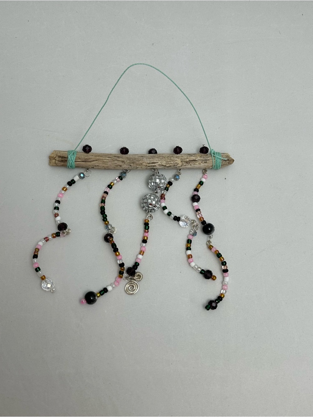 Hand Crafted Beaded Driftwood Wall Hanging in Pink, Black & Mint